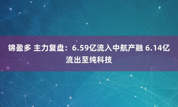 锦盈多 主力复盘：6.59亿流入中航产融 6.14亿流出至纯科技